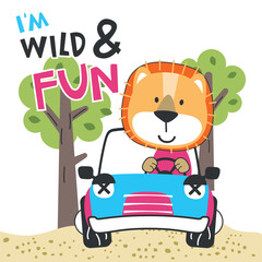 Vector illustration of funy lion driving the blue car. Funny background cartoon style for kids. Little adventure with animals on the road for nursery design, cartoon tshirt art design.