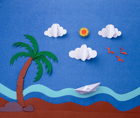 Fototapeta na wymiar Sea with sky and cloud of paper cut. travel concept paper art background. Holiday summer.