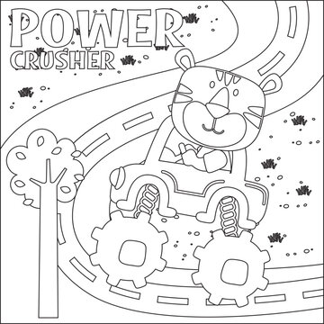 Vector illustration of monster truck with cute tiger driver. Cartoon isolated vector illustration, Creative vector Childish design for kids activity colouring book or page.