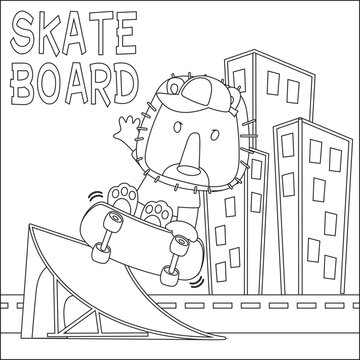 Vector illustration of cute lion on skate board. Cartoon isolated vector illustration, Creative vector Childish design for kids activity colouring book or page.