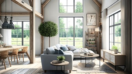 Cozy modern farmhouse interior design. Bright, windows, clean, airy.