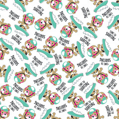 Seamless pattern of cute little bear with a surfboard, Can be used for t-shirt print, Creative vector childish background for fabric textile, nursery wallpaper and other decoration.