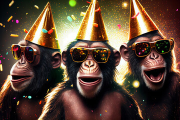 3 fröhliche Affen mit Partyhüten und Sonnenbrillen in Partystimmung. Generative Ai.