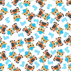 Seamless pattern of funny tiger driving the blue car. Can be used for t-shirt print, Creative vector childish background for fabric textile, nursery wallpaper and other decoration.
