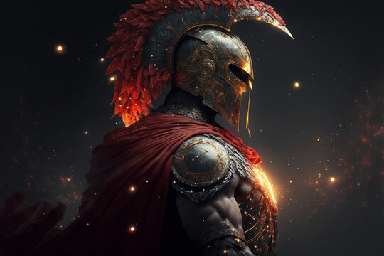 Fearsome Ancient Spartan warrior from Greece, red cloak, spartan helmet, night - Generative AI