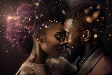 Pareja afroamericana celebrando el día de San Valentín. Imagen generada usando Inteligencia Artificial, AI generativa, IA