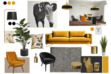 Modern interior design elements on white background living room mood board idea.