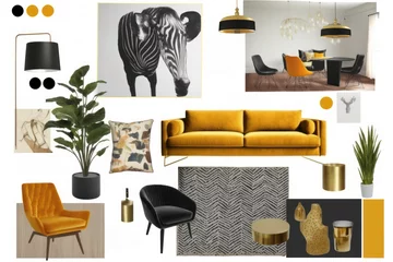 Modern interior design elements on white background living room mood board idea. © AVC Photo Studio