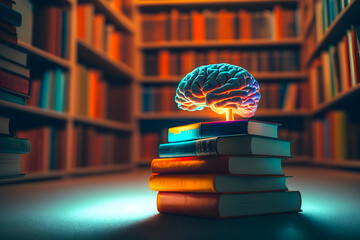 Glowing colored brain on a stack of books on a table in a library among the shelves. The concept of knowledge of the teachings of sciences. Generative AI technology. - obrazy, fototapety, plakaty