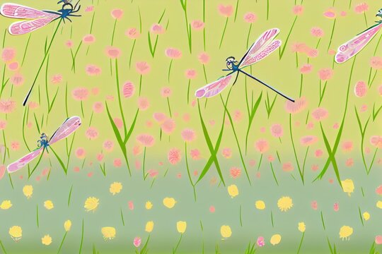 Horizontal of dragonfly in meadow and flowers on pastel background.Ai generated