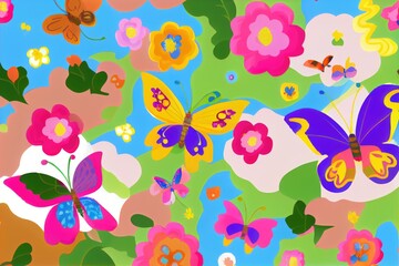 Fototapeta na wymiar Butterflies in meadow and flowers on colorful pattern background.Ai generated