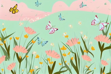 Fototapeta na wymiar Butterflies in meadow and flowers on colorful pattern background.Ai generated