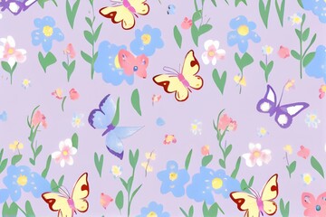 Naklejka na ściany i meble Butterflies in meadow and flowers on colorful pattern background.Ai generated