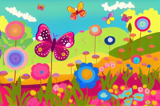 Butterfly in meadow and flowers on colorful background
