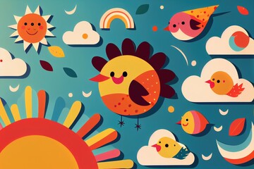 Colorful morning sky with sun in cloud and cute bird,landscape beautiful sky cartoon style.generative Ai