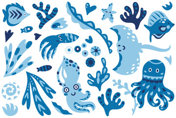 Collection of cute cartoon marine creatures in bright childish style. Flat simple style vector