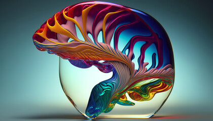 illustration brain formation by imagination. colored translucent glass resembling a brain