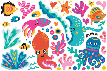 Fototapeta na wymiar Collection of cute cartoon marine creatures in bright childish style. Flat simple style vector