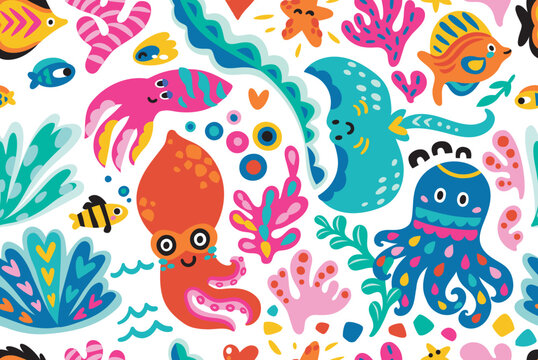 Seamless pattern with cute cartoon marine creatures. Flat simple style vector background © penguin_house