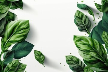 Spinach leaves on a white background on top. Banner with copy space. Generative AI
