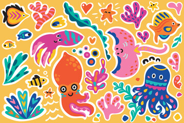 Naklejka na ściany i meble Collection of cute cartoon marine creatures in bright childish style. Flat simple style vector