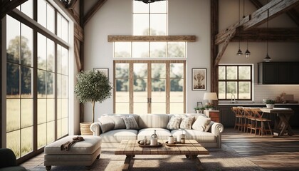 A modern farmhouse living room, wood accents and beams. Interior design. Inspiration.