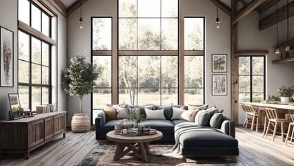 Large open modern farmhouse living room.  Cozy, airy, open floor plan, huge windows. - obrazy, fototapety, plakaty