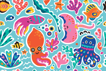 Fototapeta na wymiar Seamless pattern with cute cartoon marine creatures. Flat simple style vector background