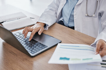 Hands, doctor on laptop or woman reading online medical research data, email or healthcare medicine report. Science, documents or paper on tech for hospital schedule, surgery agenda or compliance - Powered by Adobe