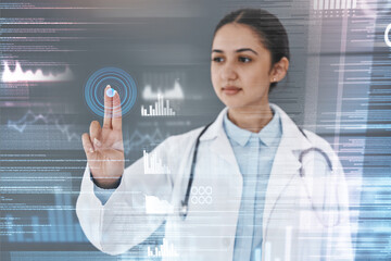 Cybersecurity, futuristic hologram and doctor hand for password, fingerprint scan and medical database. Healthcare, digital clinic and woman with finger for user interface, software and telehealth