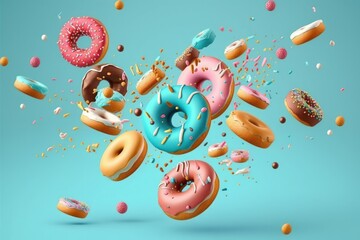Donuts, cupcakes, and macaroons with colorful decorations falling in motion on a blue background. Doughnuts of all flavors flying on a pastel background. Banner. Generative AI