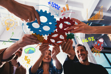 Business team connect pieces of gears. Teamwork, partnership and integration concept