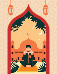 A Man in Contemplation on his Prayer Mat at the Mosque during Ramadan Sunset