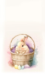 easter bunny in basket with eggs around in watercolor art. Generative Ai.