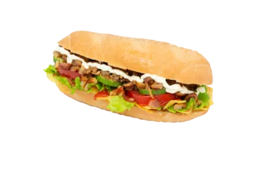 Türaufkleber isolated Baguette sandwich with beef, vegetables and chips. Sandwich with meat and light mayonnaise © Ritk