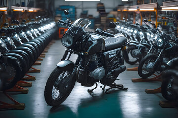 Production assembly start motorcycles in the factory, finished motorcycles passed inspections. Generative AI