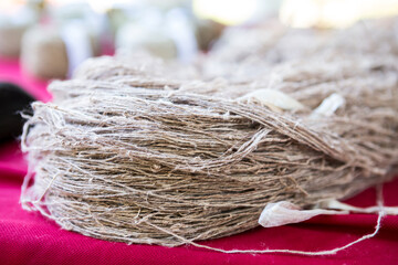 Closeup natural color Hemp thread, organic and eco product for craft and cloth making, product of Thailand