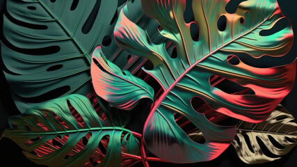 Obraz premium Bold metallic tone color of tropical monstera and palm leaf background. Generative ai.