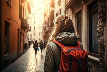 Naklejka premium Woman backpacker travel sightseeing city around the world on vacation. Generative ai