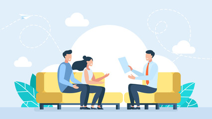 Agent speaking with young couple. Offering the best mortgage deal. Consultation. Mortgage broker consulting couple, good deal financially, real estate business, brokerage company. Vector illustration