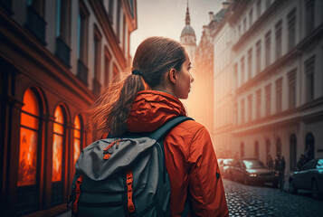 Fototapeta na wymiar Woman backpacker travel sightseeing city around the world on vacation. Generative ai