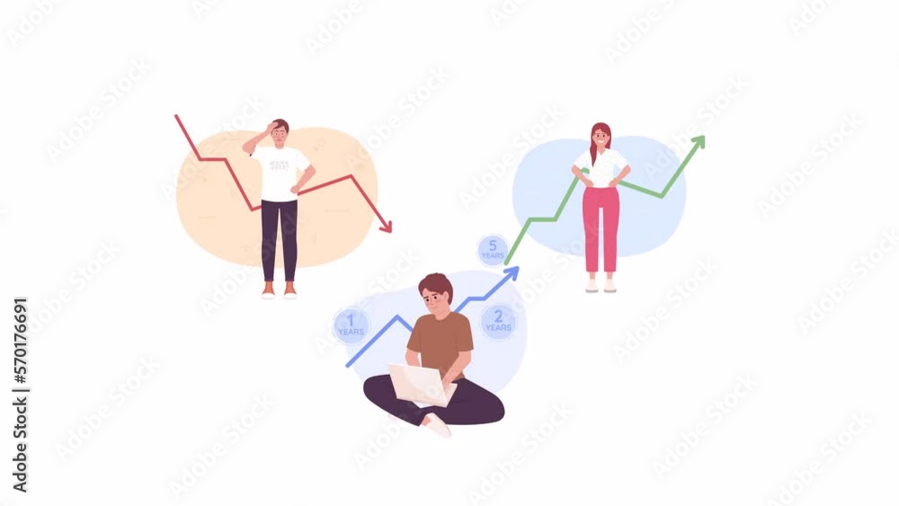 Poster animated investment activity set. stock tracking. concepts animation. looped 2d cartoon flat charact