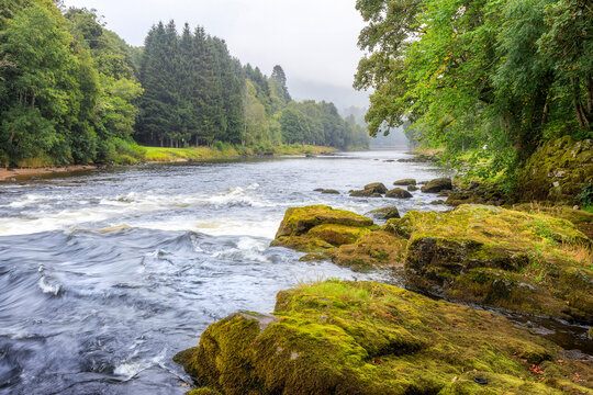 River Tay on foggy morning, Strathtay, Scotland, United Kingdom