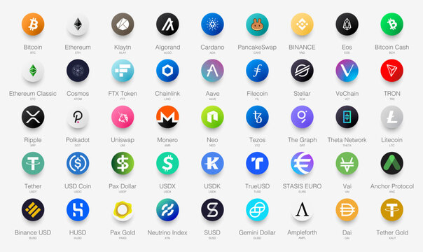 Big Full collection of icons - buttons - logos of top cryptocurrencies. Realistic round button with shadow. PNG file