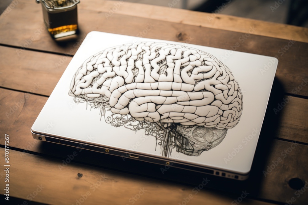 Poster sketch of the human brain from a creative artificial intelligence notion on a contemporary laptop sc