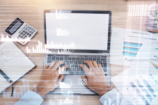 Overlay, mockup or doctors hands on laptop with documents typing, data analysis or research. Medicine paper, chart study or nurse on tech for healthcare learning, wellness science or medical review