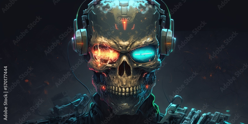 Poster hardwired cyberpunk skull robot illustration of a smirking, skull faced android from science fiction
