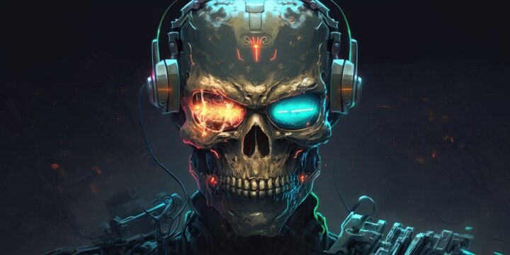 Hardwired cyberpunk skull robot illustration of a smirking, skull faced android from science fiction using virtual reality goggles. Generative AI
