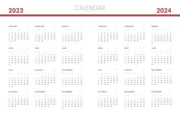 Set of 2023-2024 Annual Calendar template. Vector layout of a wall or desk simple calendar with week start sunday.