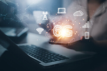 Businessman hold smartphone technology with 6G of mobile telecommunication network in Europe for high-speed wireless data connection to the internet from smartphones, future technology 6G network